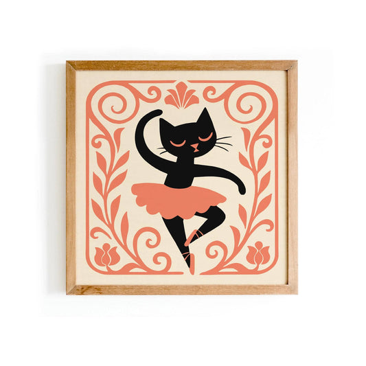 Cat Ballerina Art Print – Peach Tones, Square Wall Decor