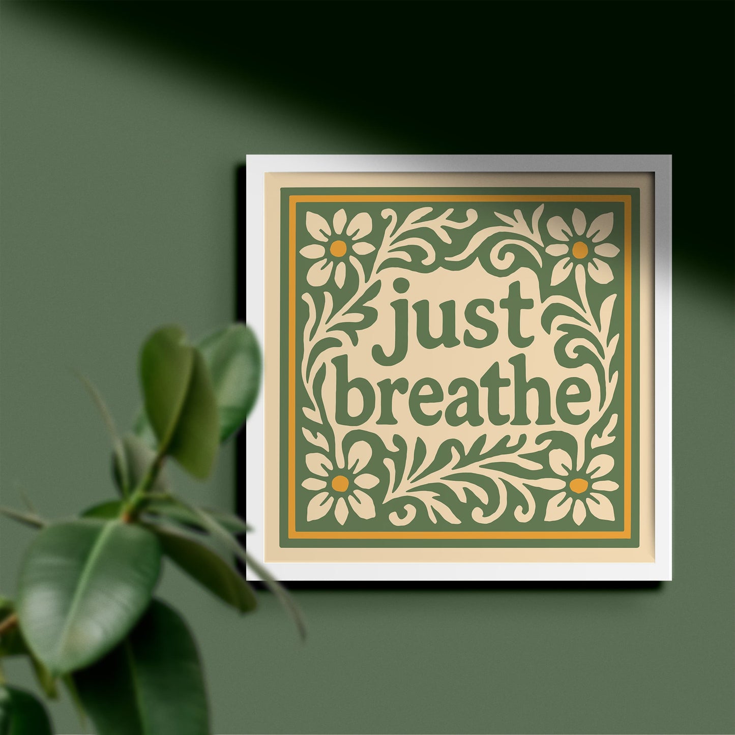 Just Breathe Quote Square Art Print - Green Floral Wall Art