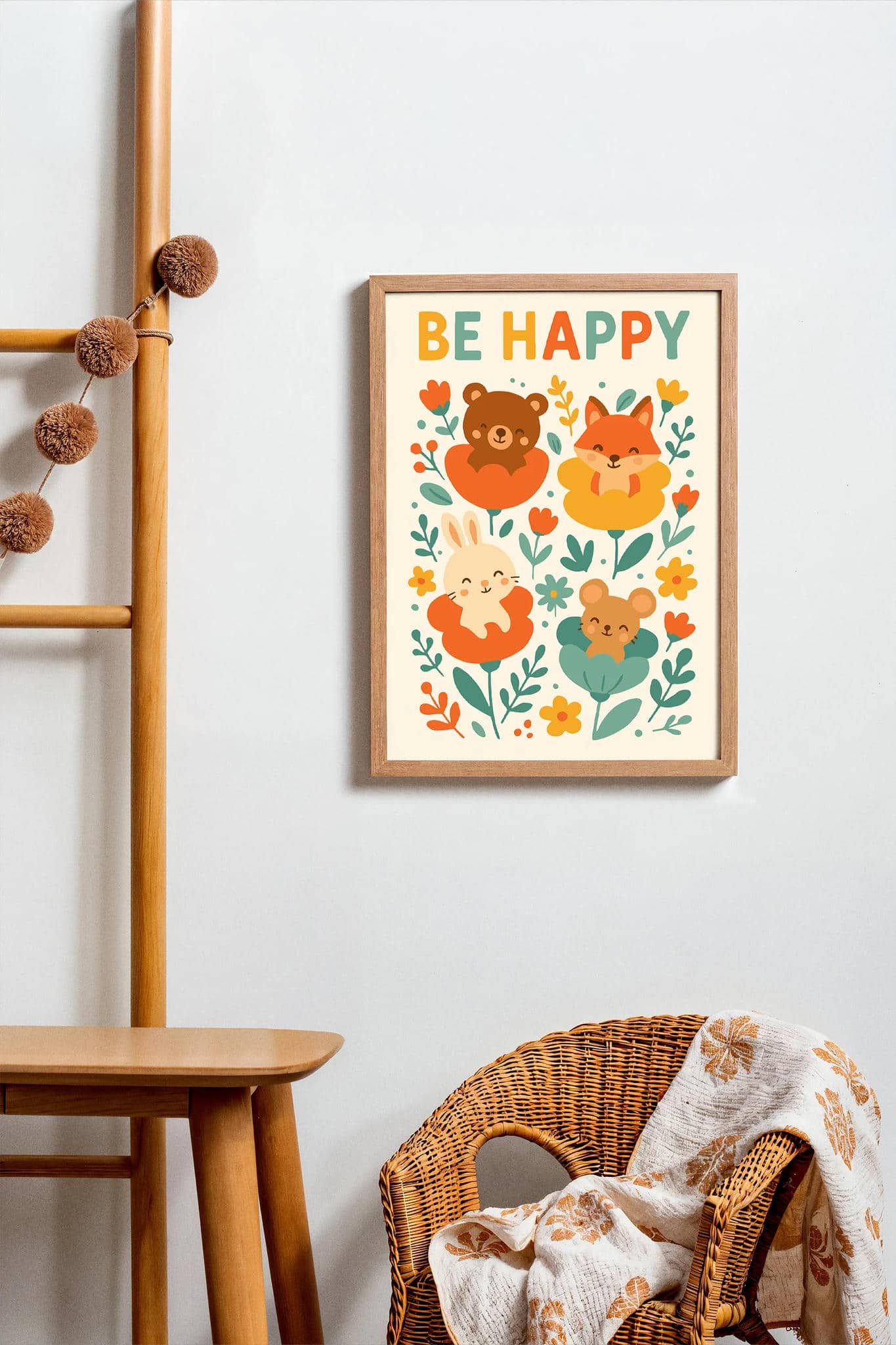 Be Happy Quote Poster – Happy Animals & Flowers Art Print