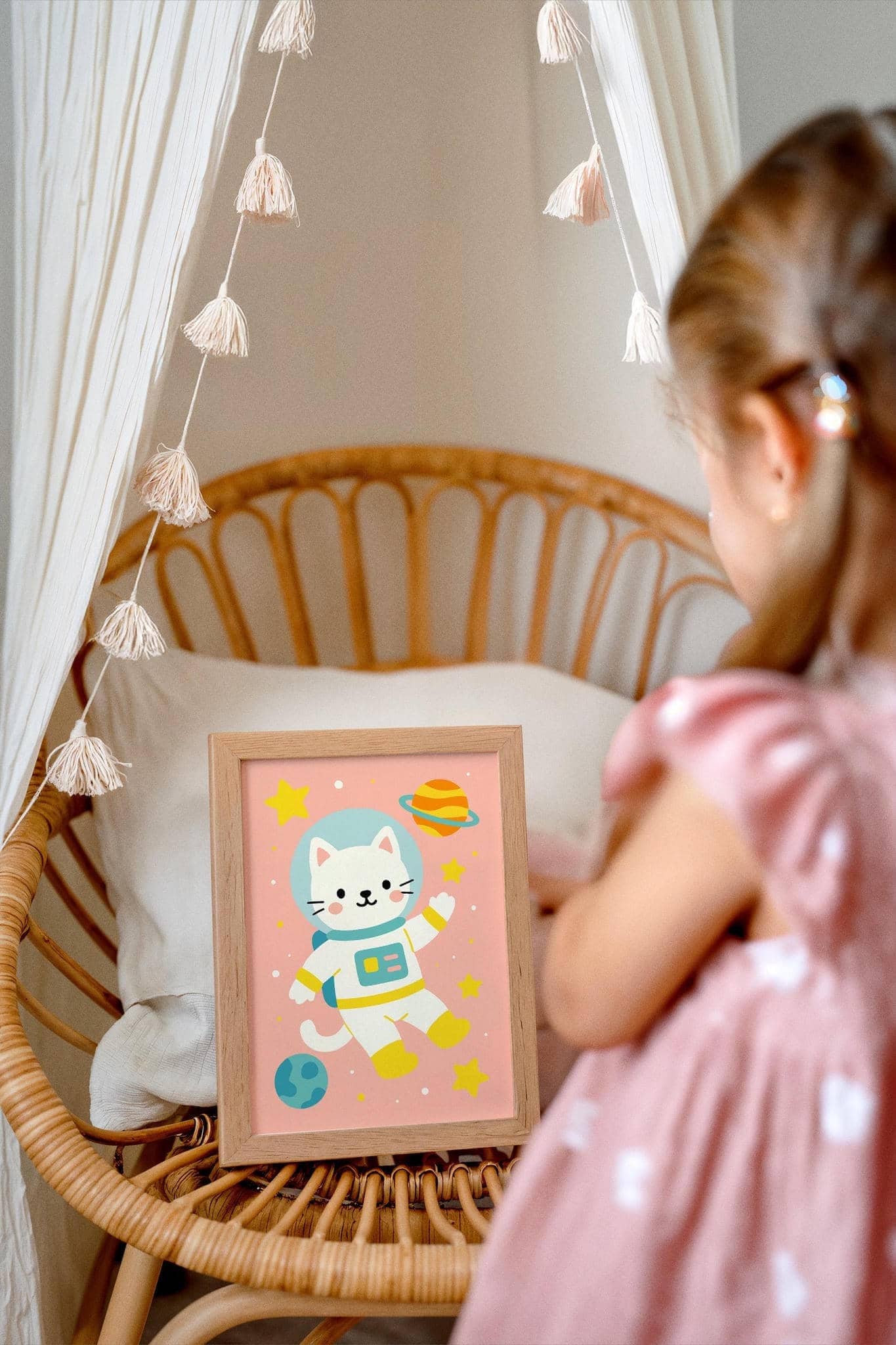Cute Cat Astronaut Art Print – Kids Space Decor