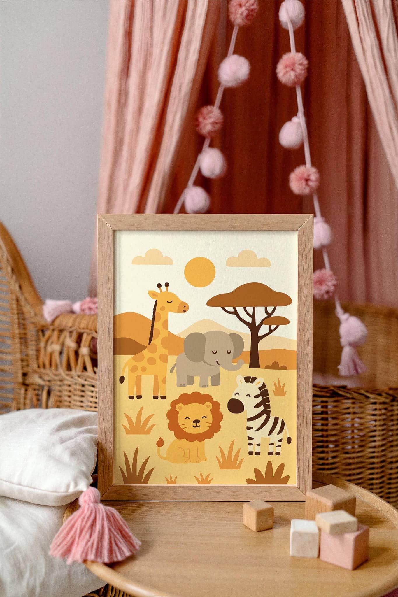 Cute Safari Animal Wall Art – Giraffe, Elephant, Zebra & Lion