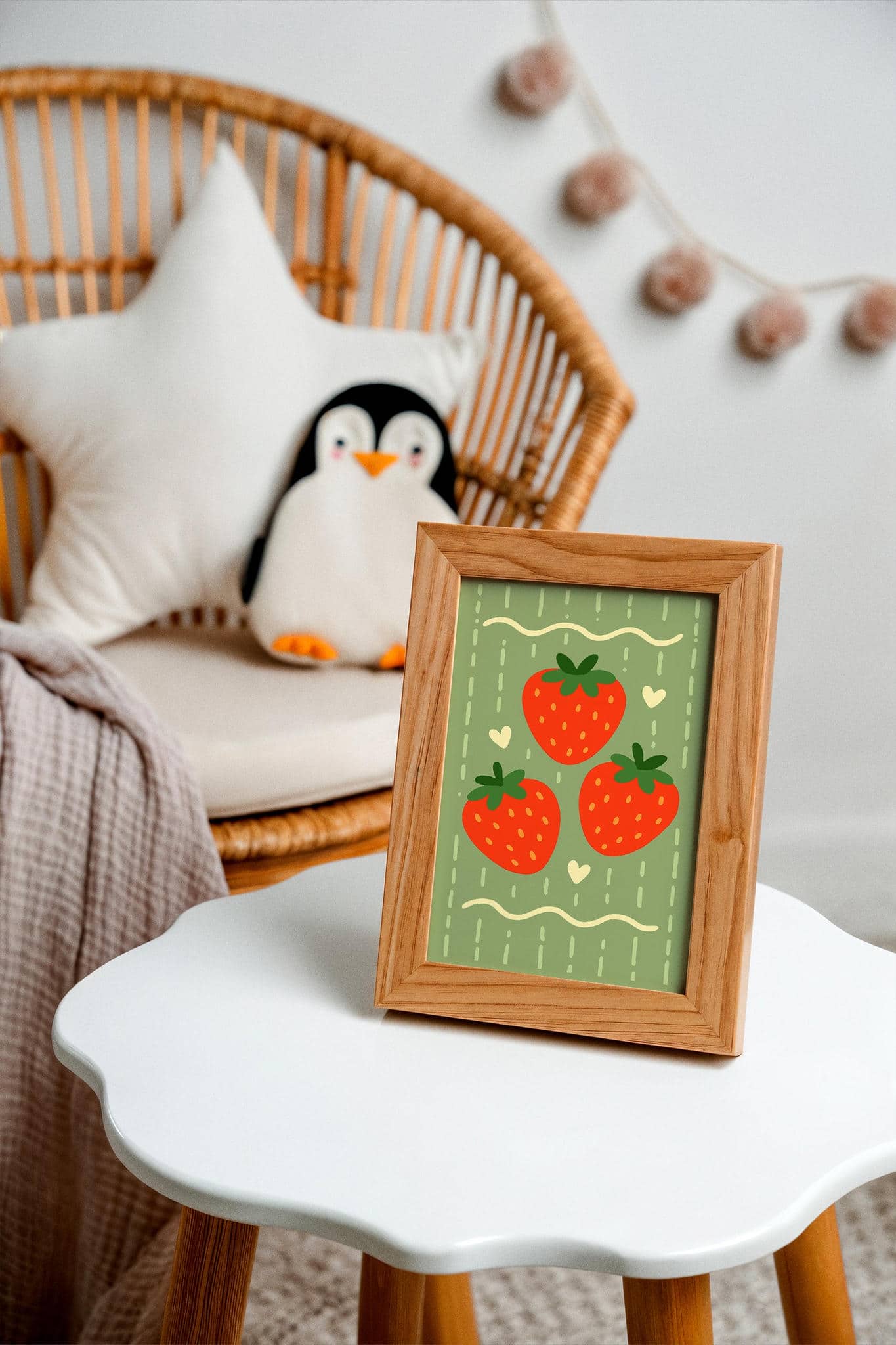 Strawberry Poster – Cute Green Wall Art for Kids