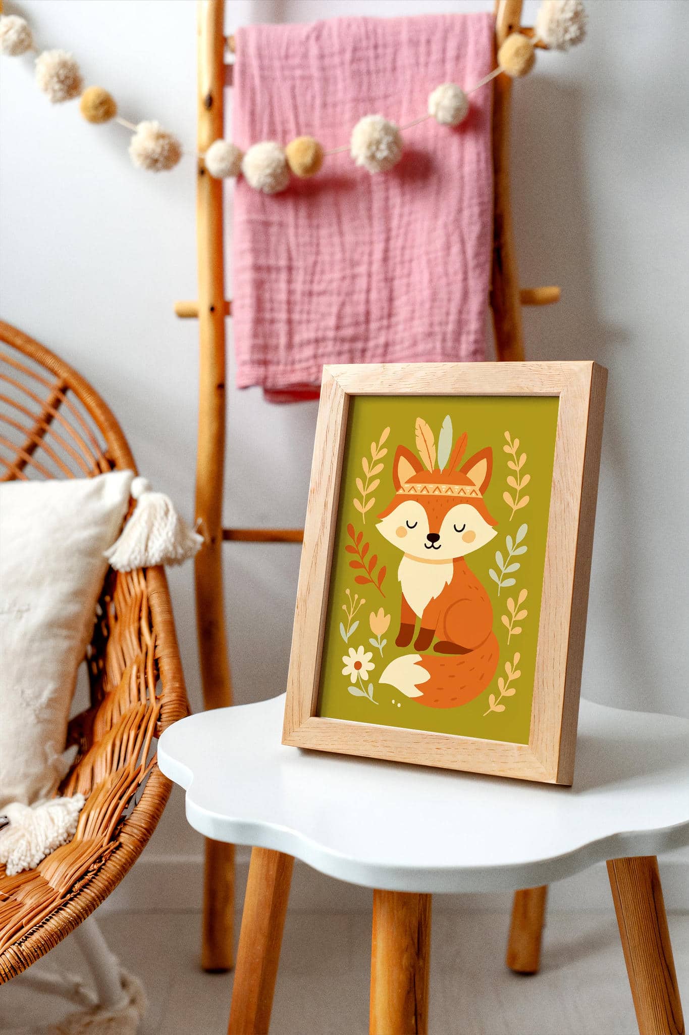 Boho Fox Art Print – Green Woodland Wall Art