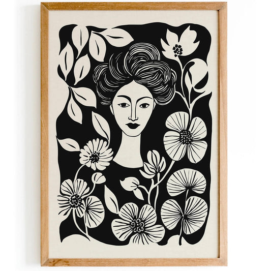 Plant Lady Portrait Black Ink Art Print