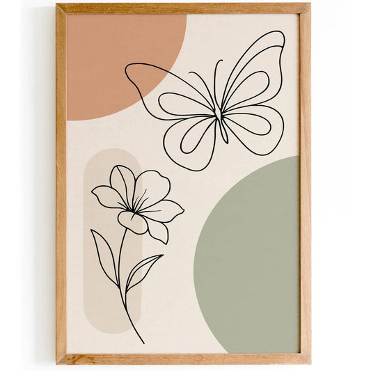 Butterfly and Flower Line Art Print – Pastel Wall Decor