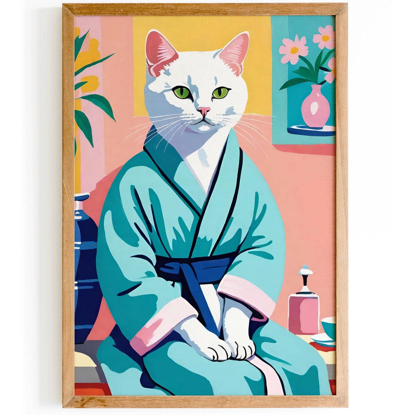 Cat in Bathrobe Cute Wall Art Print - HypeSheriff