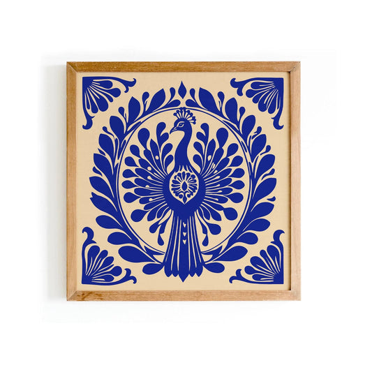 Blue Art Nouveau Peacock Bird Square Print