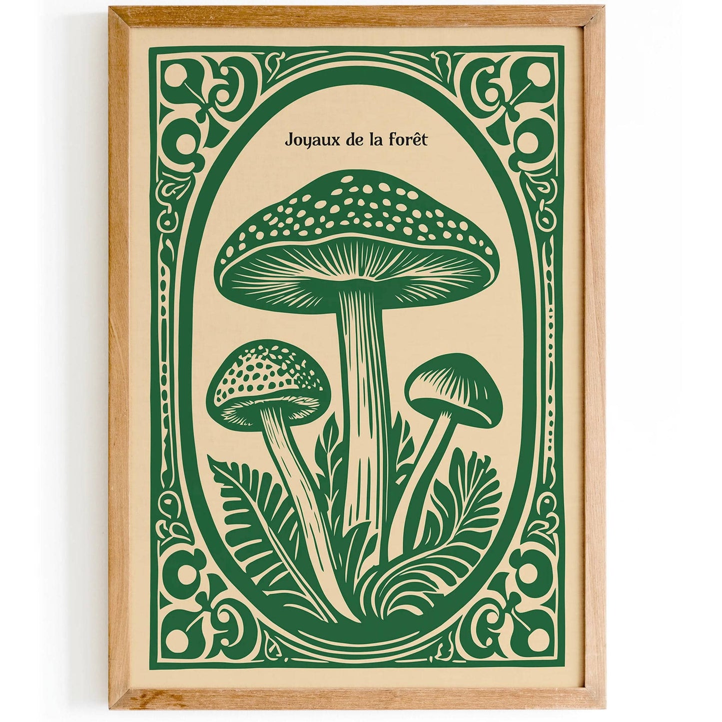 Forest Gems Green Linocut Mushroom Poster