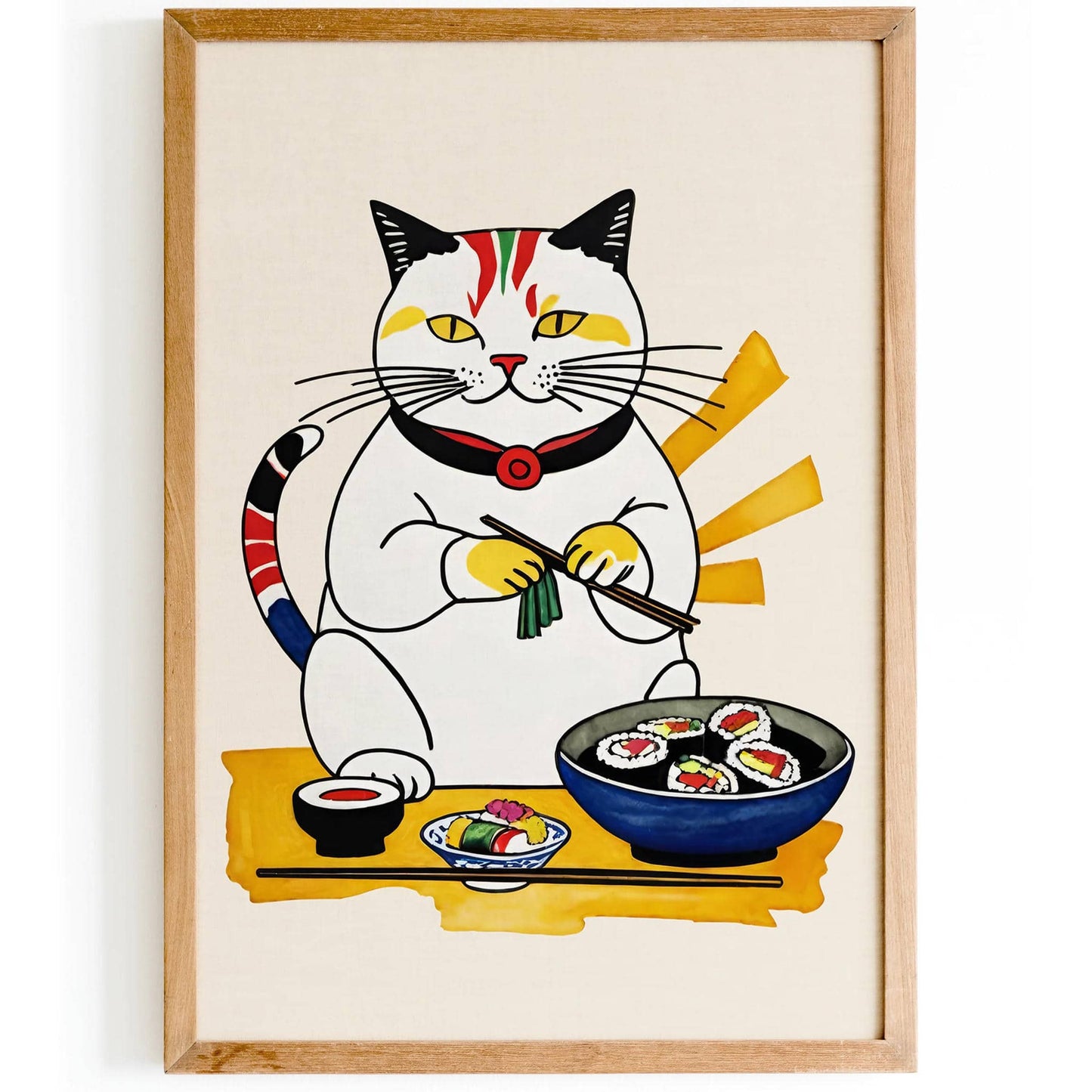 Cat Eating Sushi Japanese Print