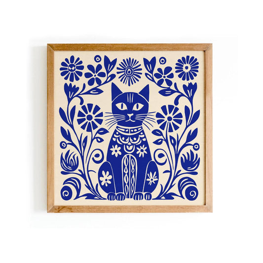 Blue Folk-Style Kitten Art Print – Square Wall Decor