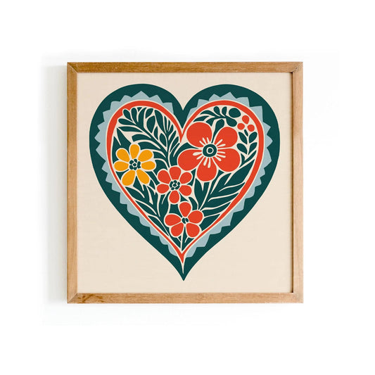 Folk Art Heart Print – Square Wall Decor
