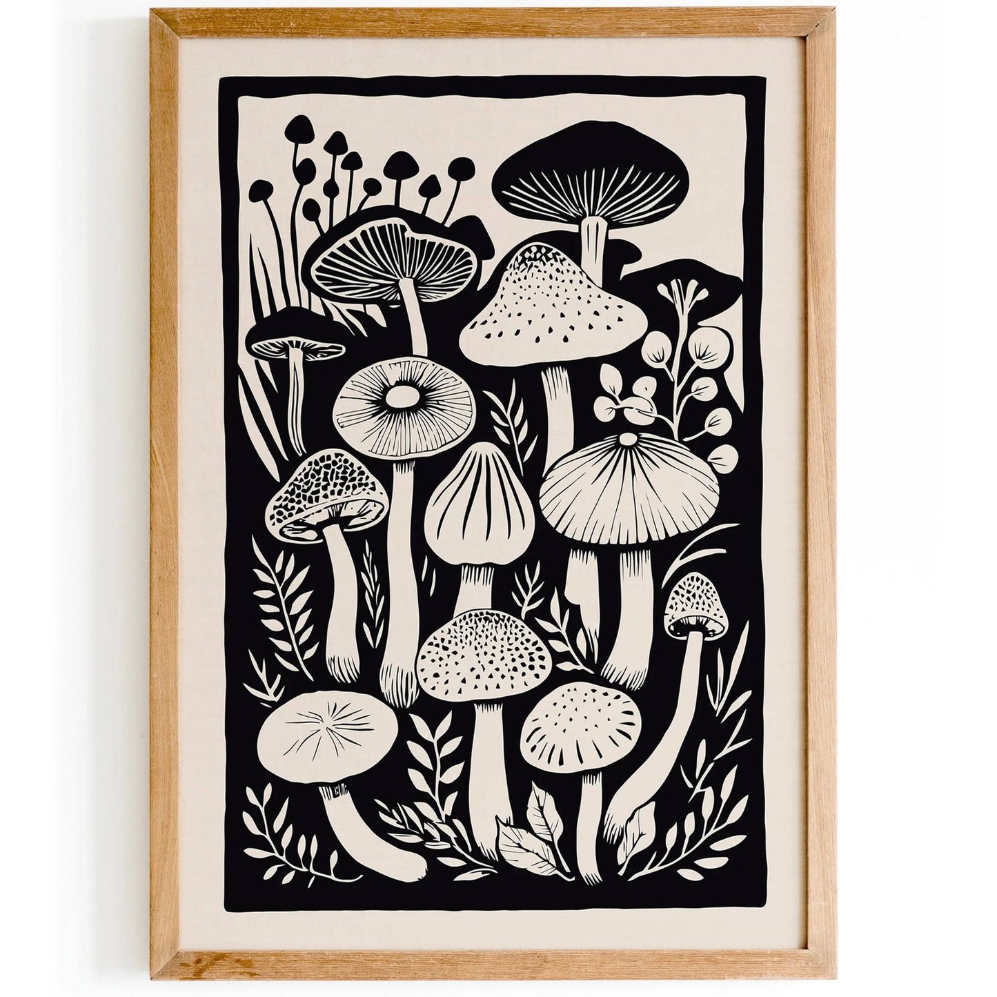 Black&White Mushrooms Linocut Art Print - HypeSheriff