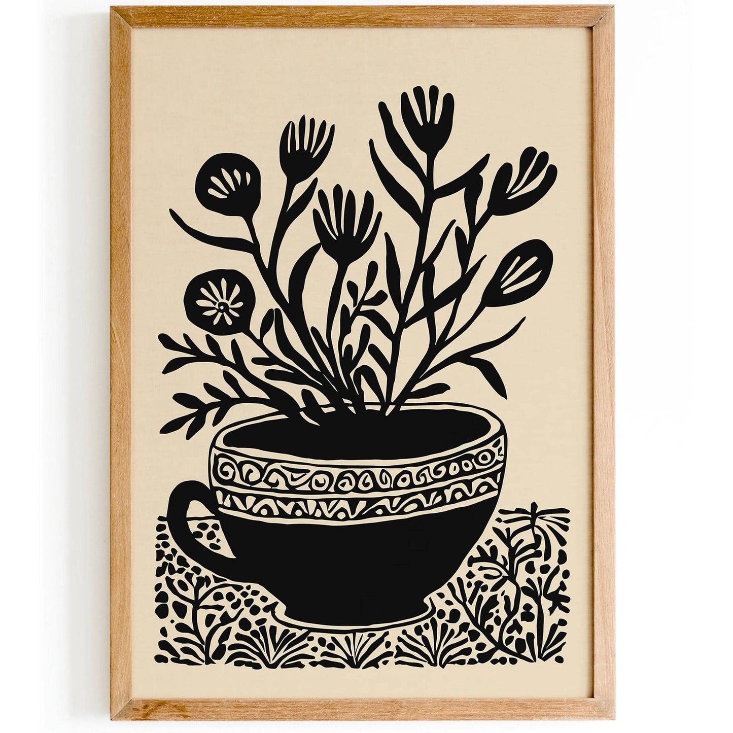 Black Ink Flowers Retro Art Print