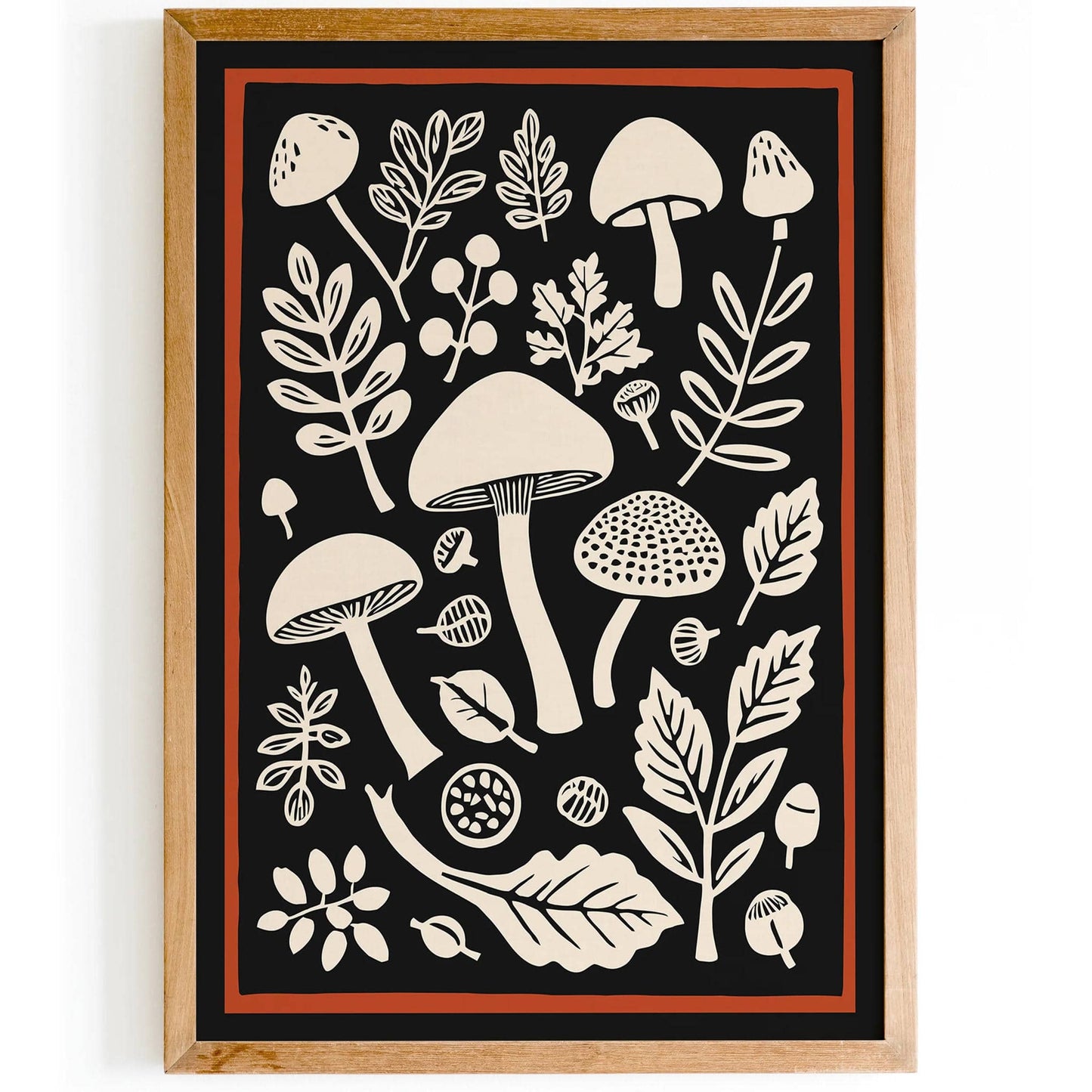 Vintage Forest Mushrooms Black Wall Art