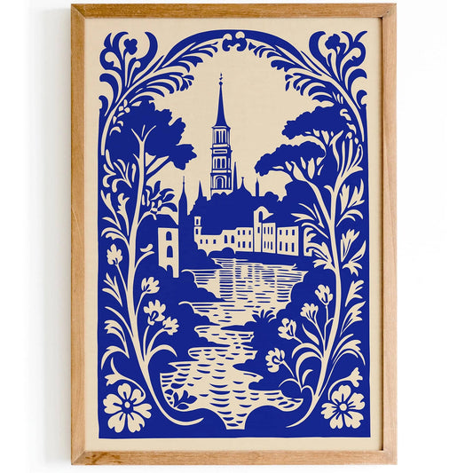 Prague, Czech Republic Blue Travel Linocut Art Print