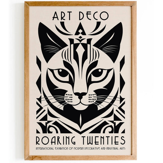 Art Deco Cat Art Print - Black & White Poster