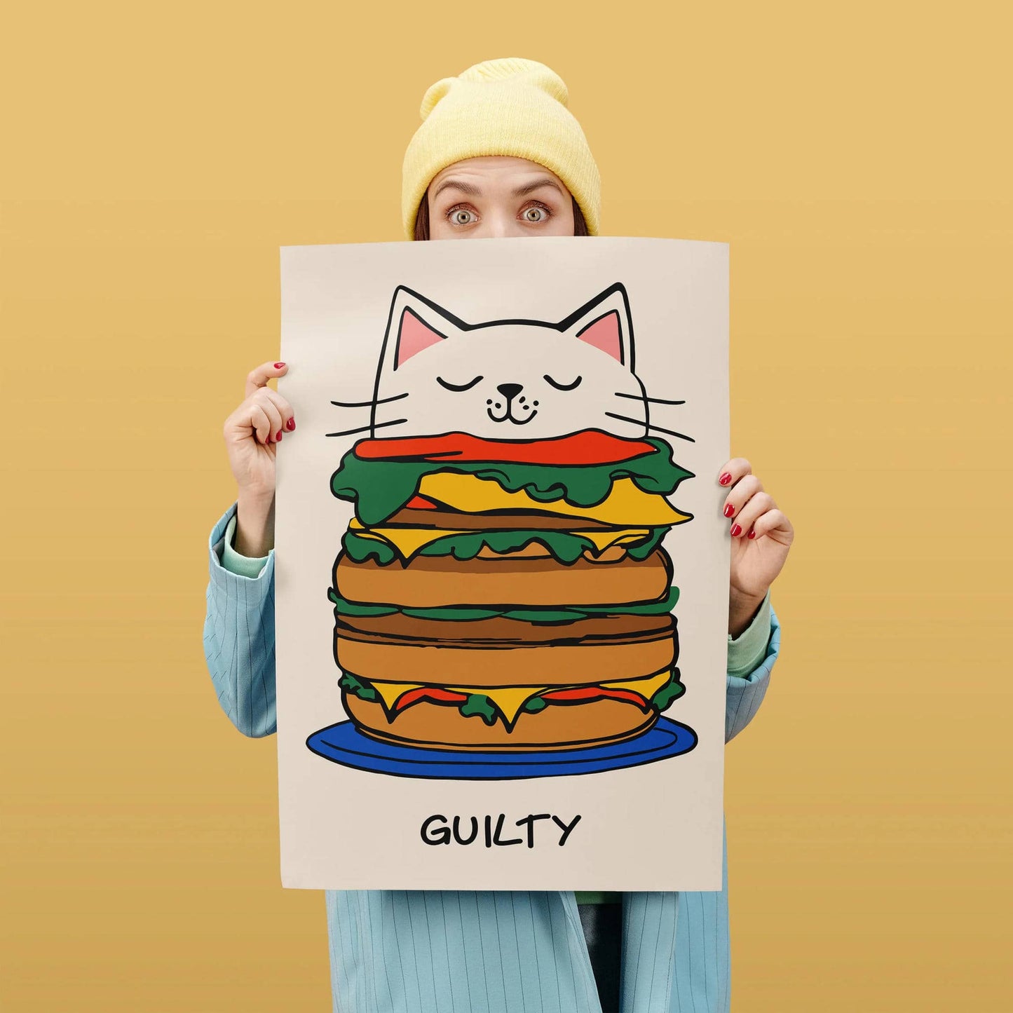 Guilty - Funny Cat Hamburger Art Print - HypeSheriff
