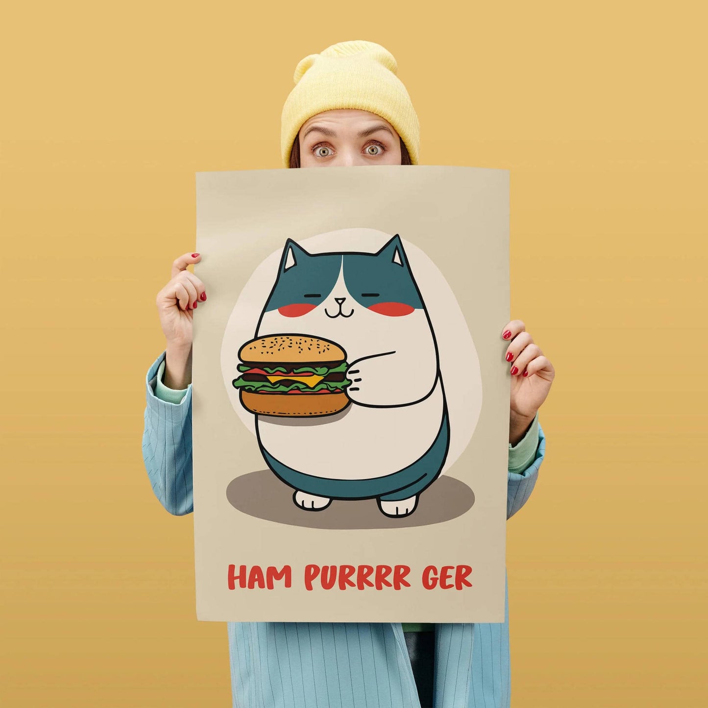 Funny Cartoon Cat with Hamburger Art Print - HypeSheriff
