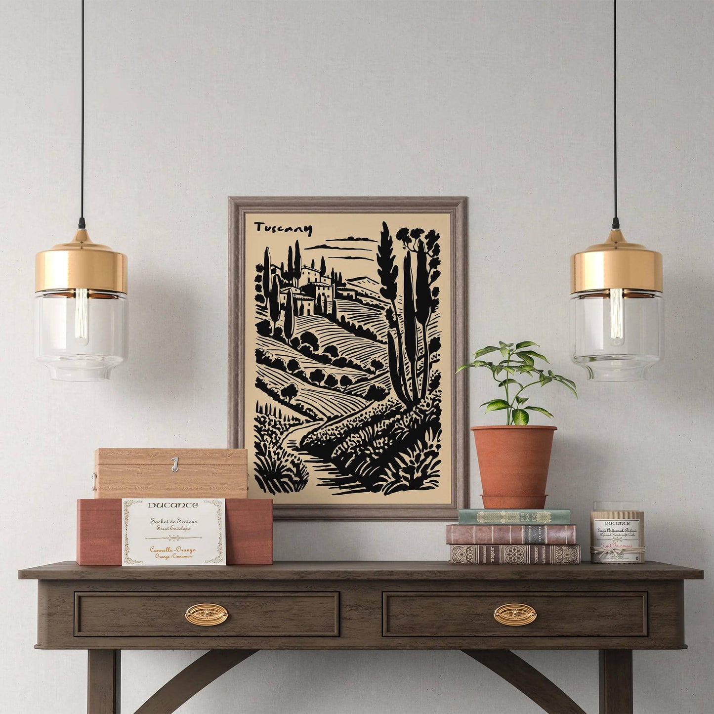 Tuscany Scenic Black Ink Style Print