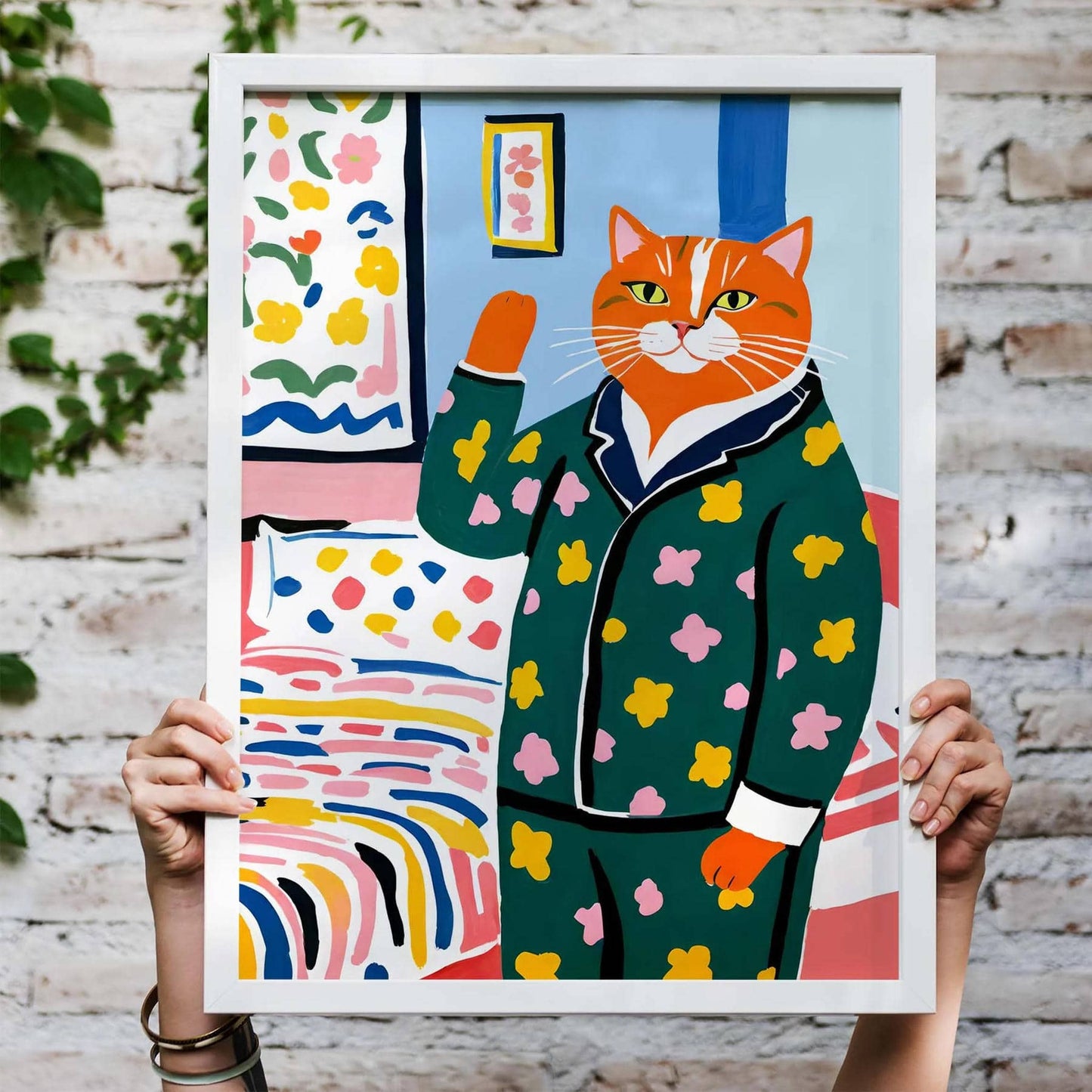 Floral Pajama Cat Wall Art Print