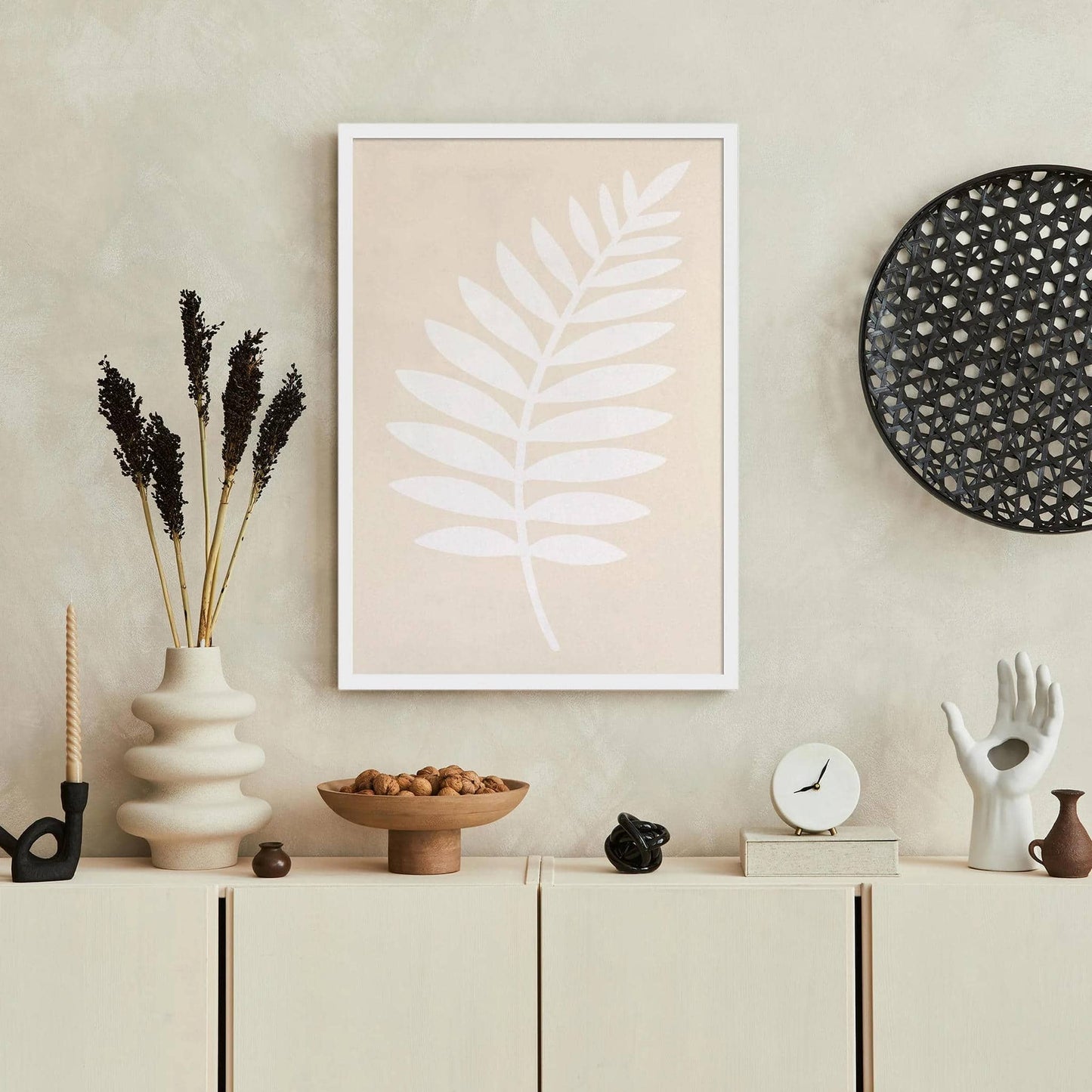 Japandi Fern Leaf Poster – White Minimal Wall Decor