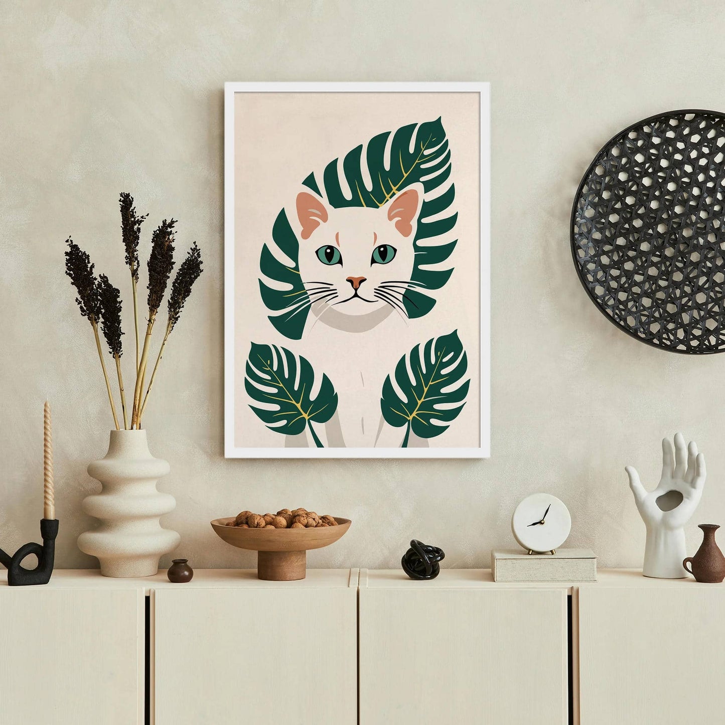 White Kitten - Monstera Leaves Art Print