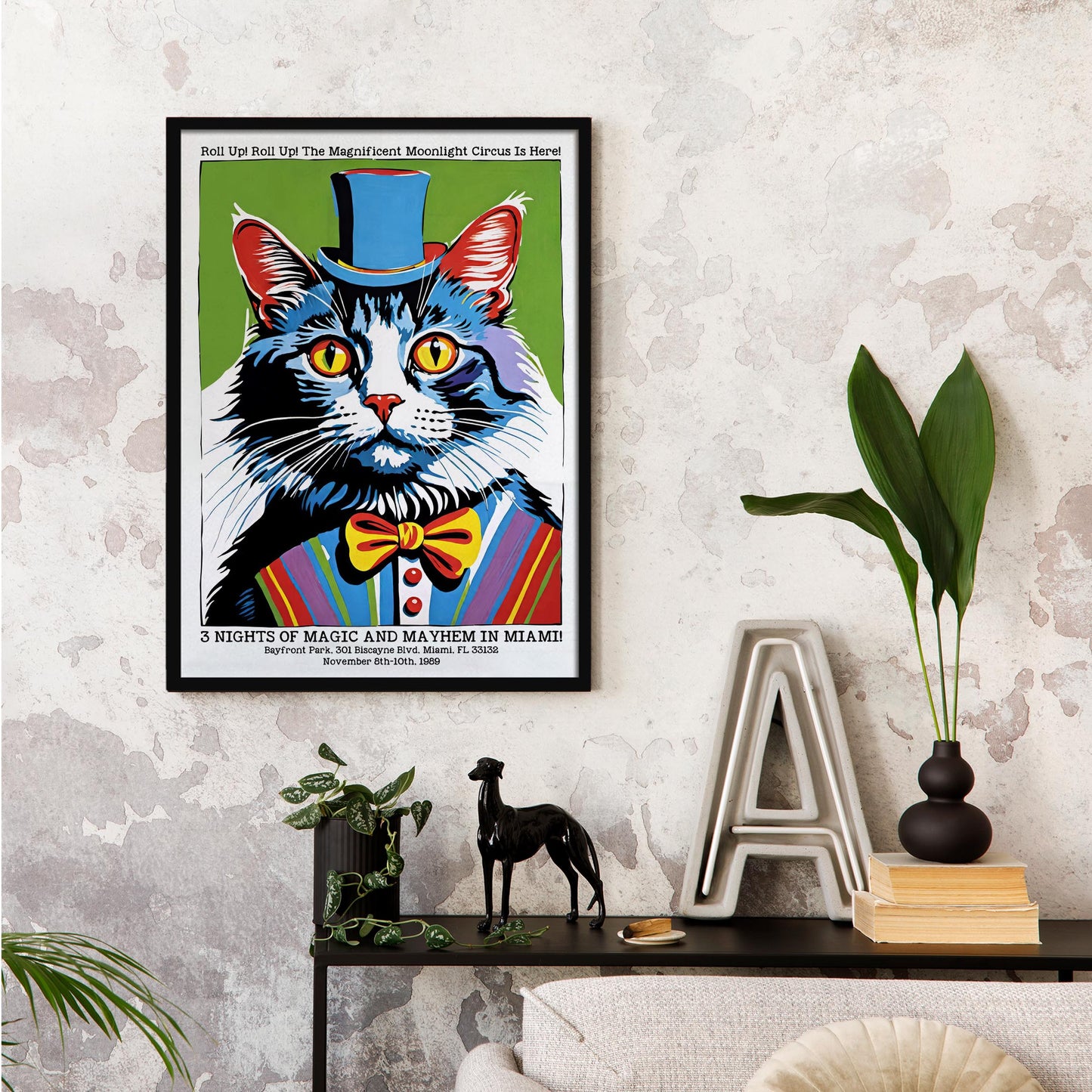 Miami 1989 Circus Cat Poster Moonlight Carnival Print