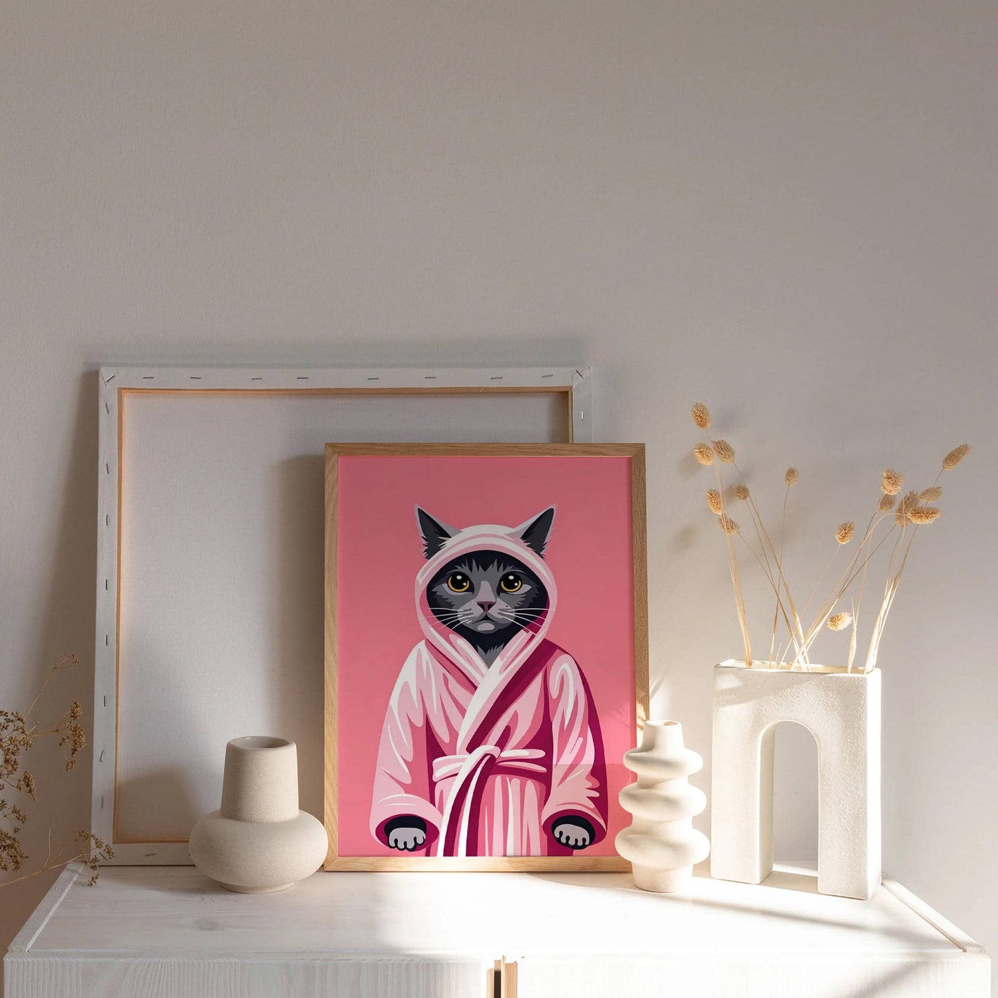 Bathrobe Cat Pink Wall Art Print - HypeSheriff