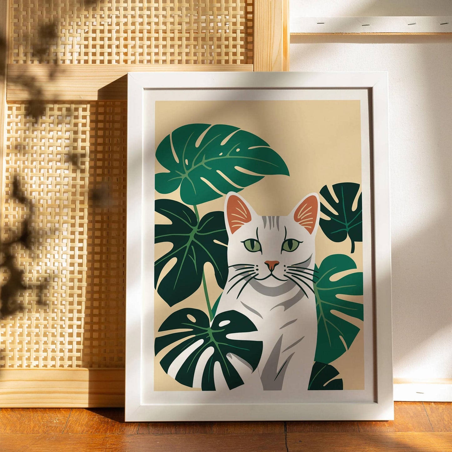 Cat and Leaves Art Print