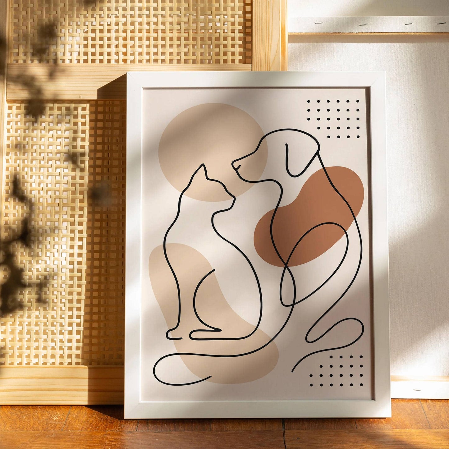 Pet Line Art Print – Cat and Dog Friendship Wall Decor