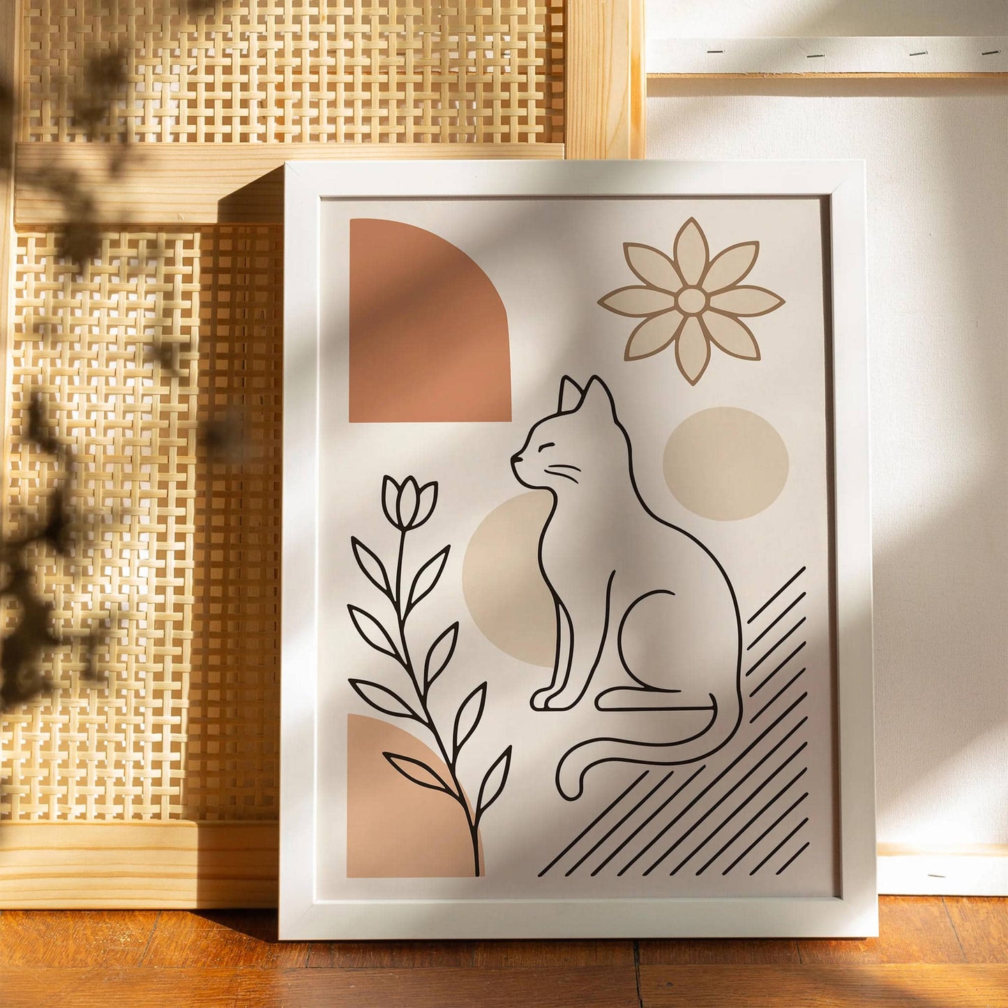 Minimalist Line Art Cat & Flowers Poster – Neutral Beige Decor