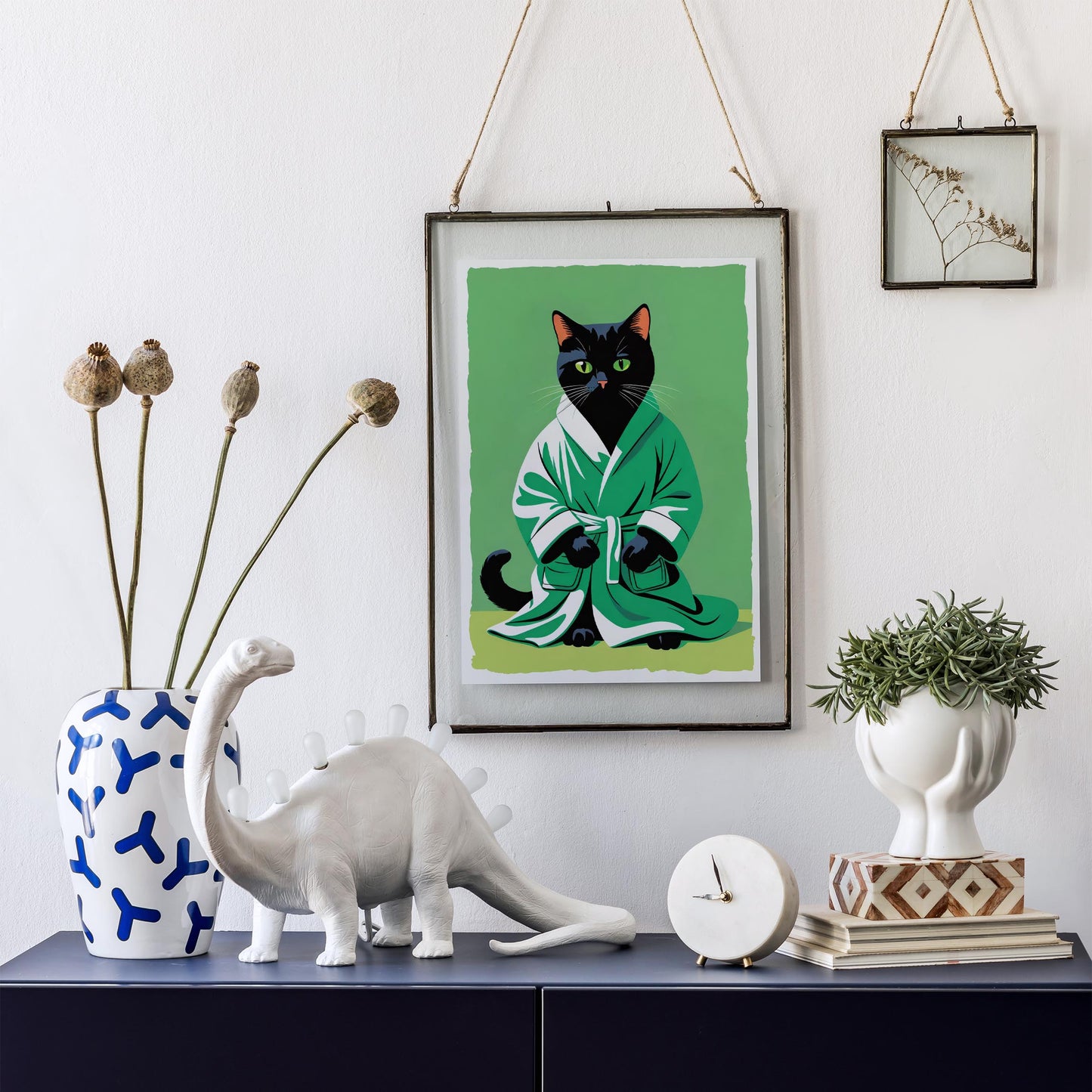 Green Robed Black Cat Art Print