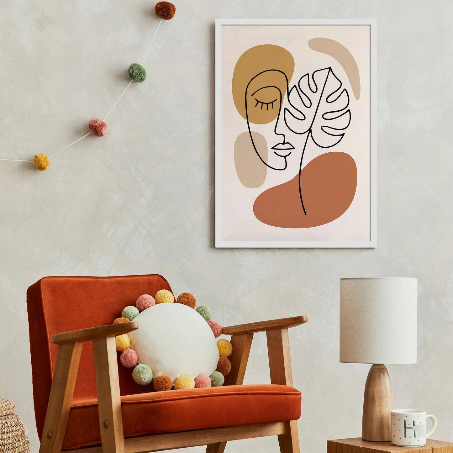 Boho Line Art Face and Monstera Art Print