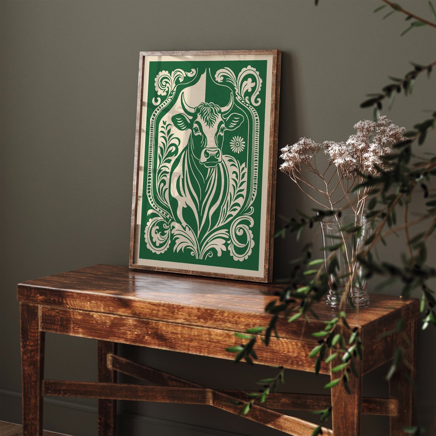 Linocut Cow Poster - Green Farmhouse Kitchen Wall Art