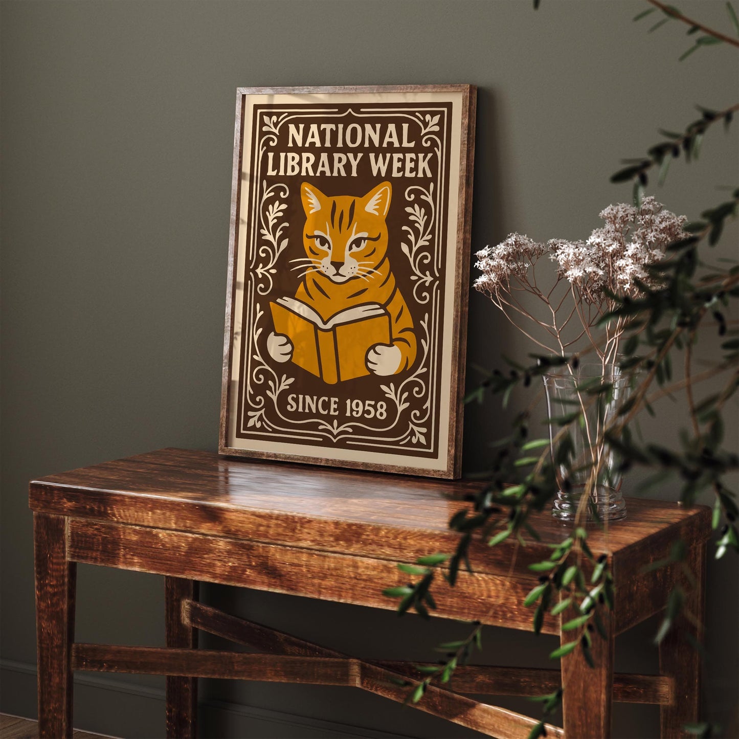 National Library Week Poster, Cat Reading a Book Print