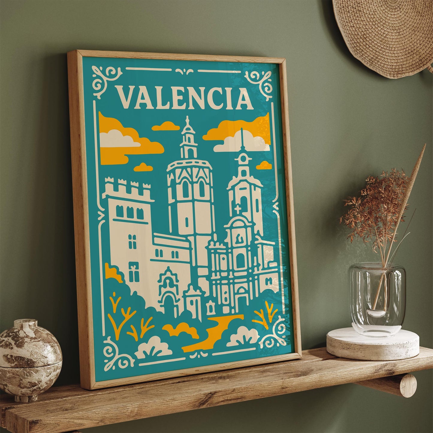 Valencia Spain Poster - Teal Yellow Cathedral Wall Art