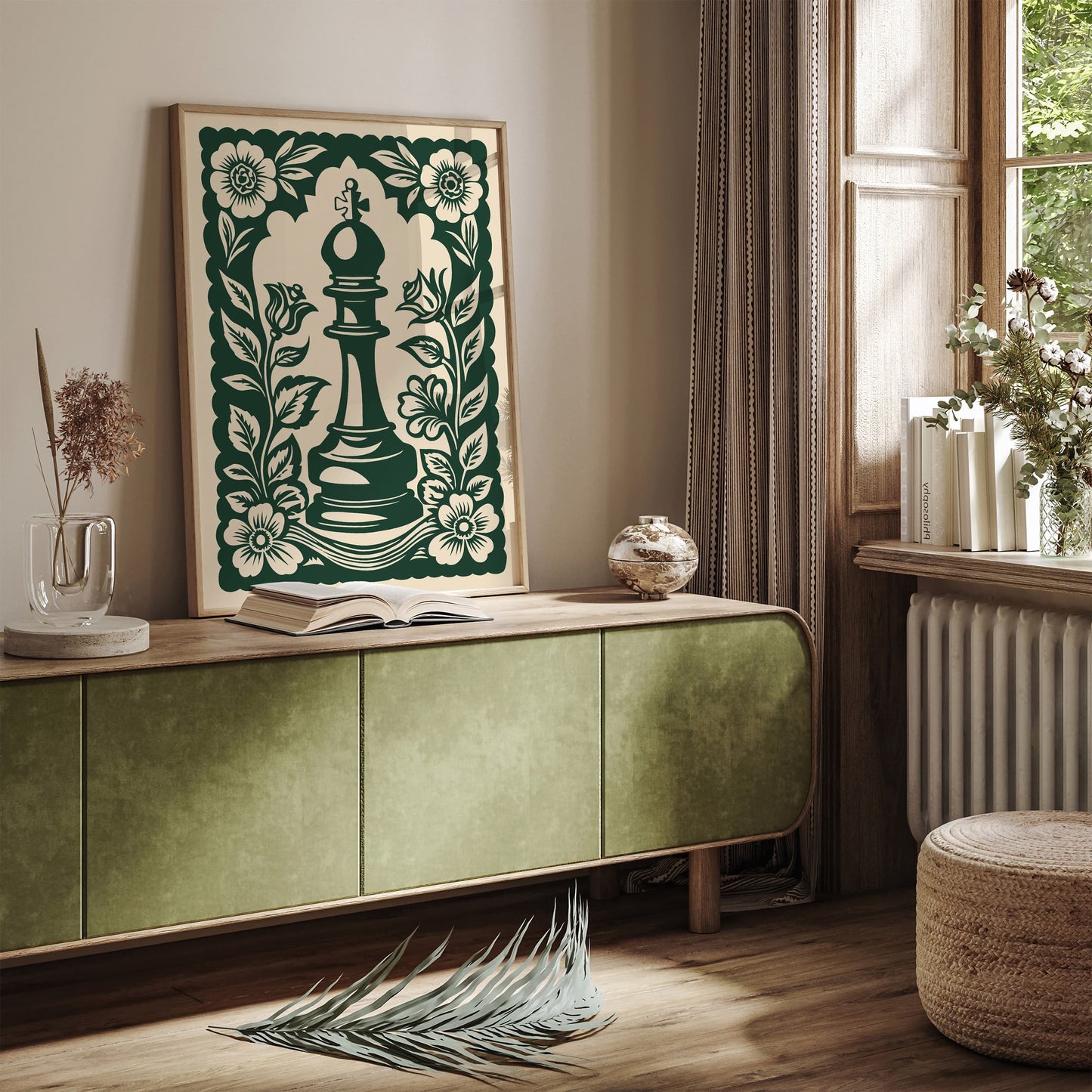 Green Linocut Chess Piece Poster