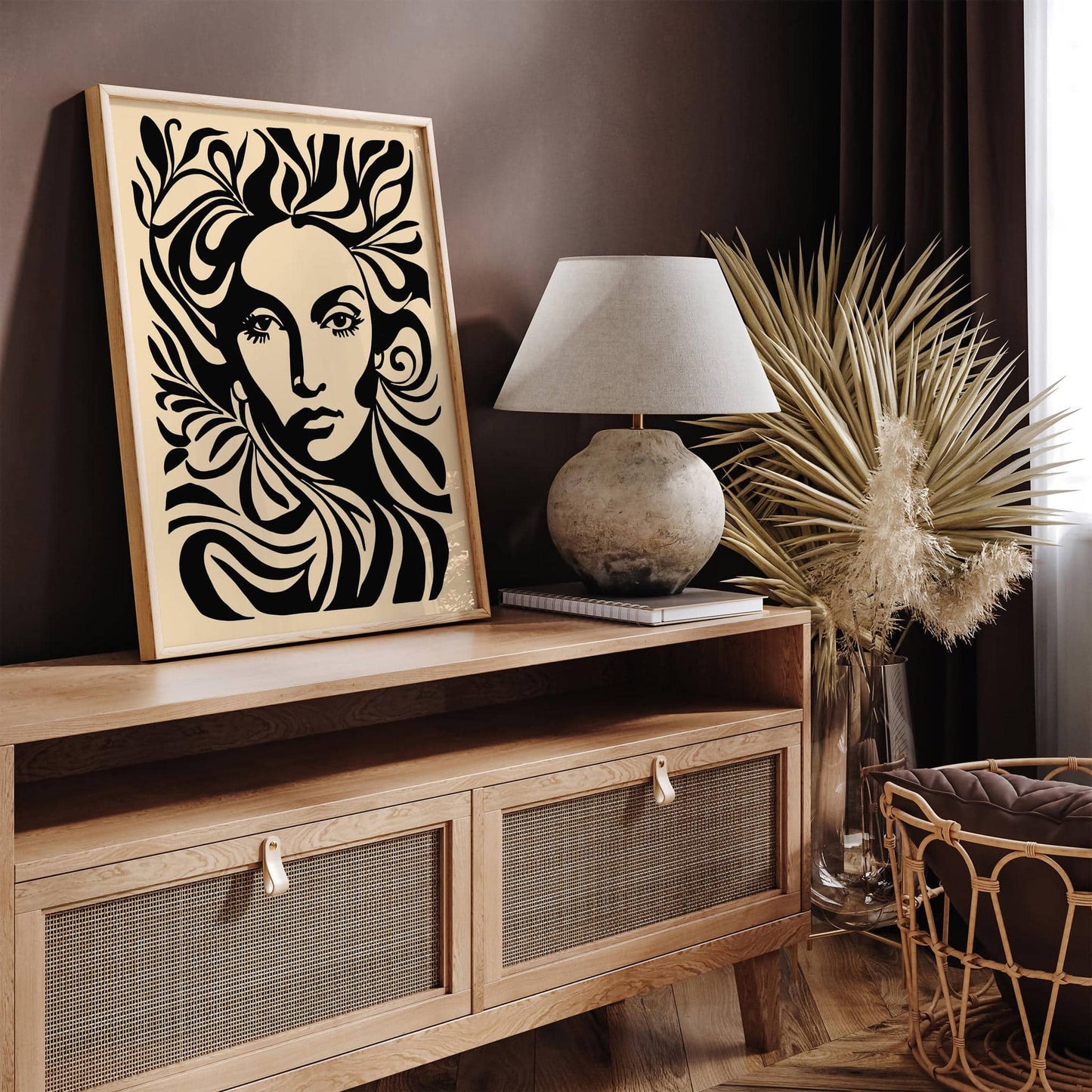 Black Ink Style Woman Face Portrait Art Print