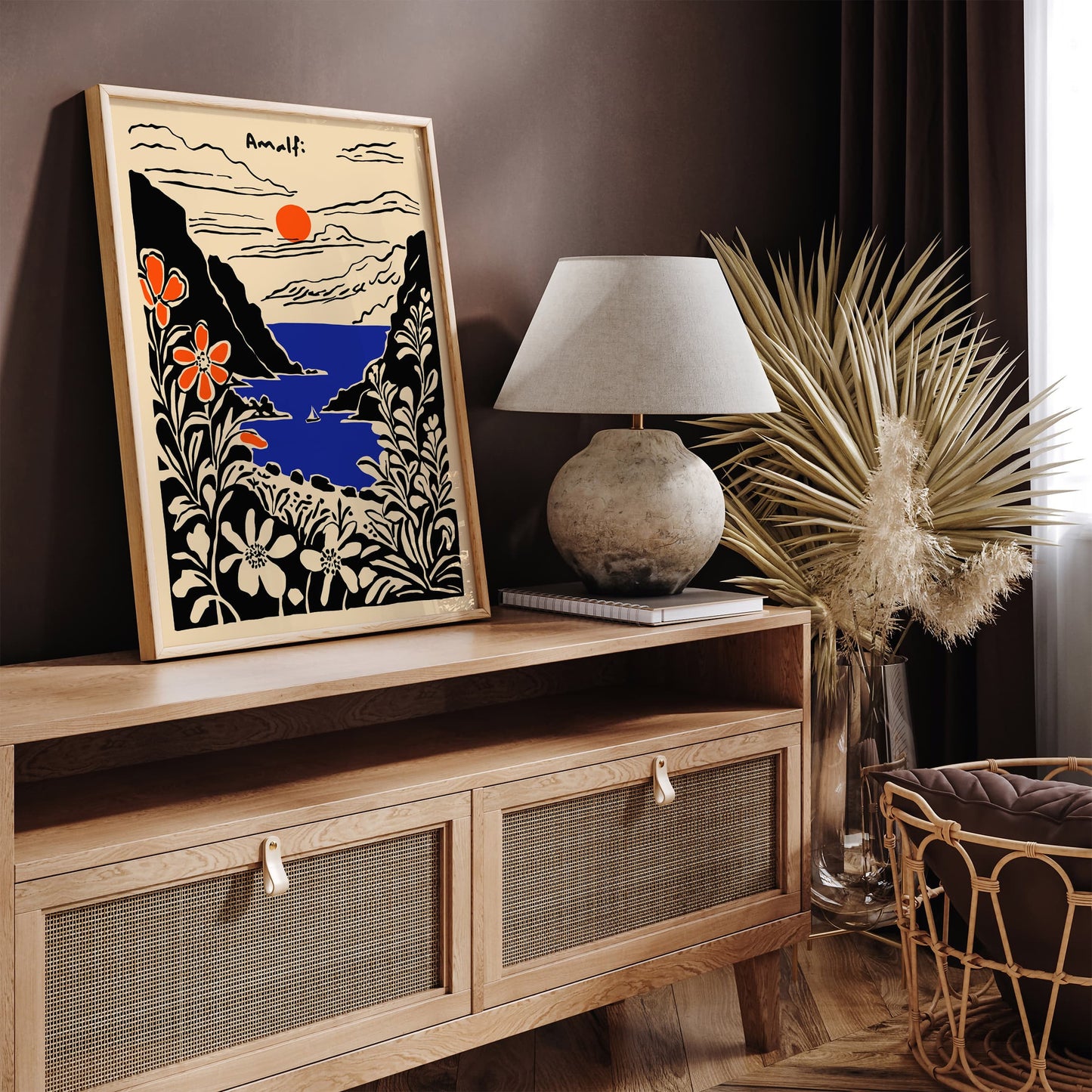 Amalfi Black Ink Style Landscape Art Print