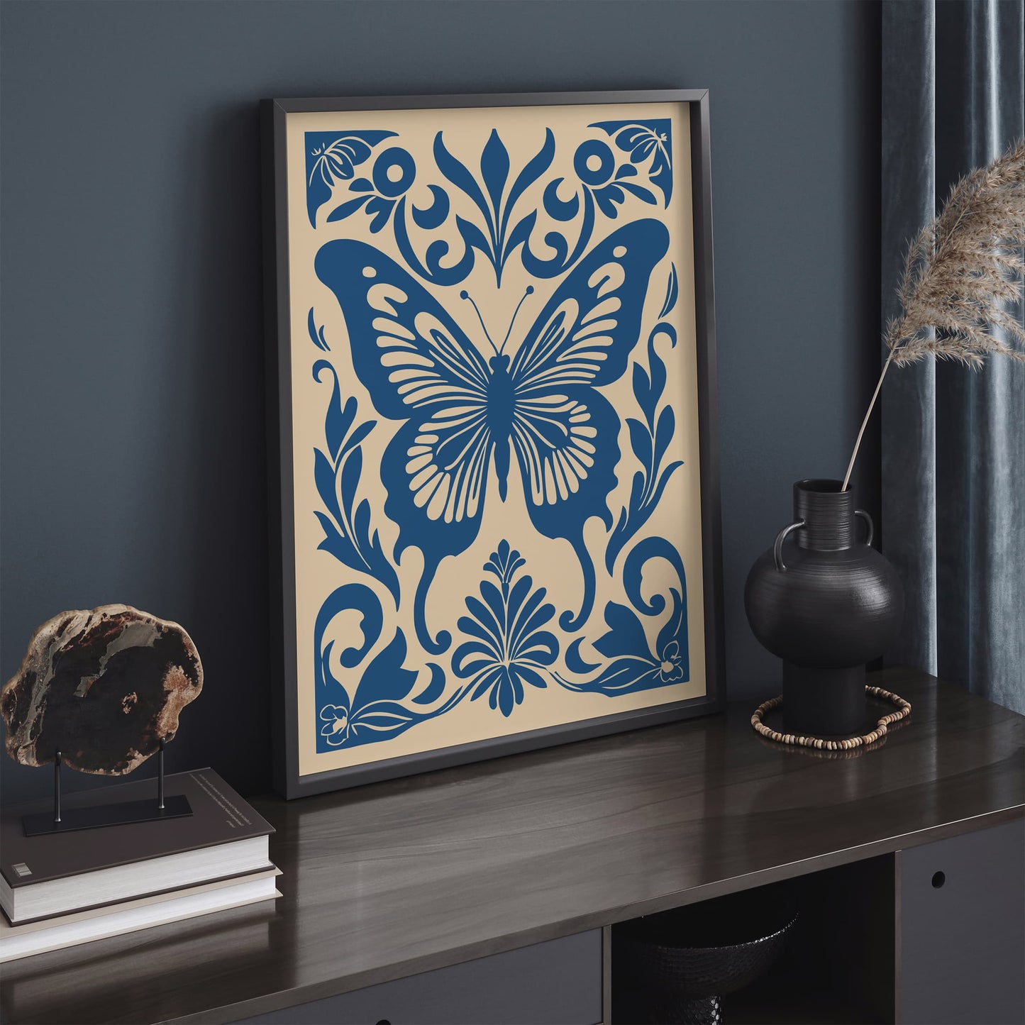 Blue Butterfly Rococo Style Poster