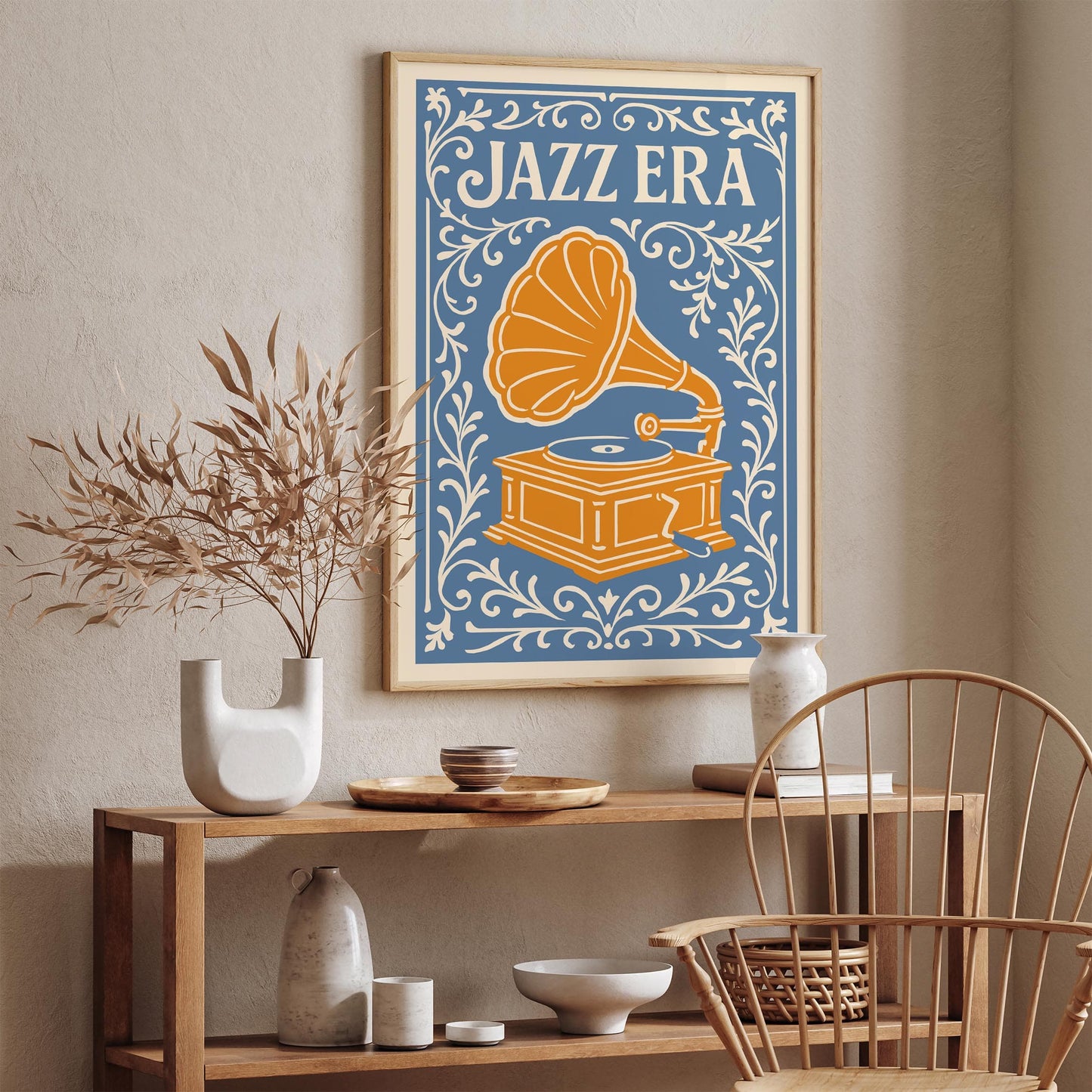 Jazz Era Music Poster - Blue & Yellow Floral Art Print