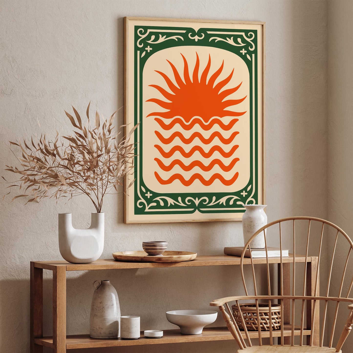 Orange Sun Poster - Green Frame Abstract Wall Art