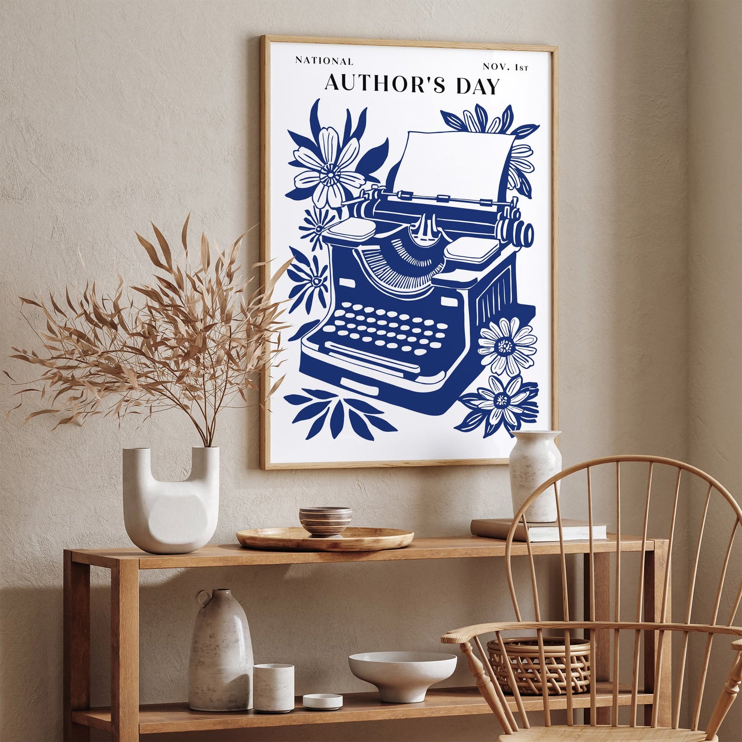 National Authors Day Typewriter Poster – Navy Blue Literary Wall Art Print
