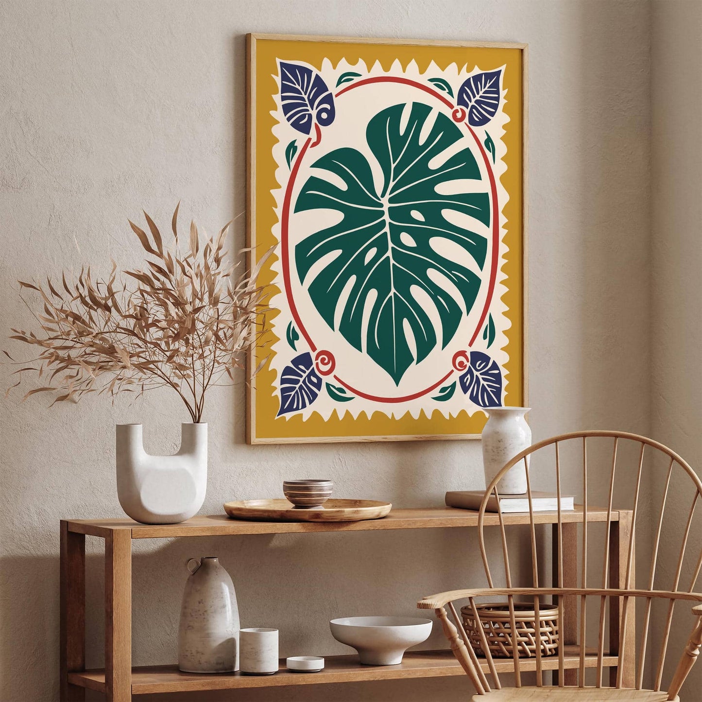Mustard Yellow Monstera Leaf Boho Art Print