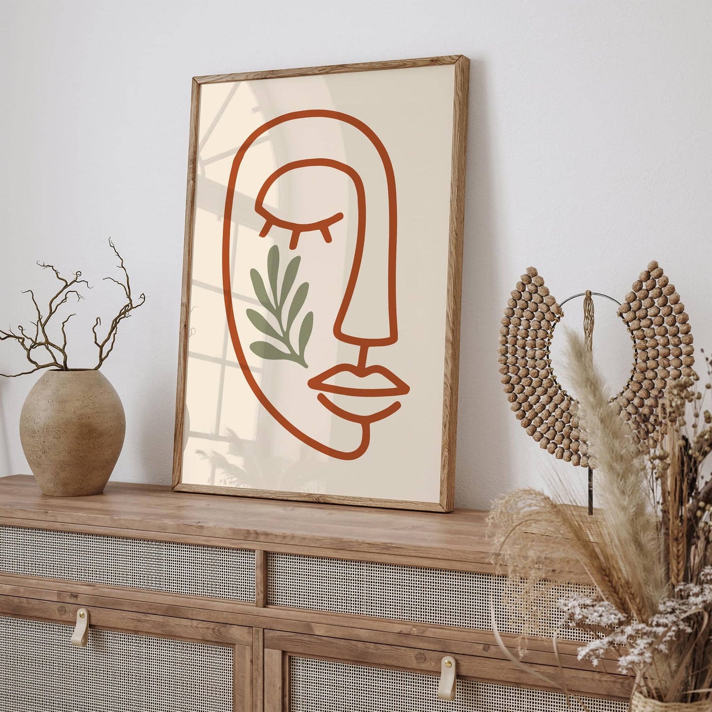 Bohemian Line Art Woman Face Print