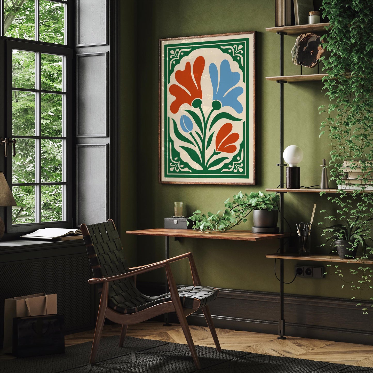 Blue and Red Floral Wall Art Print