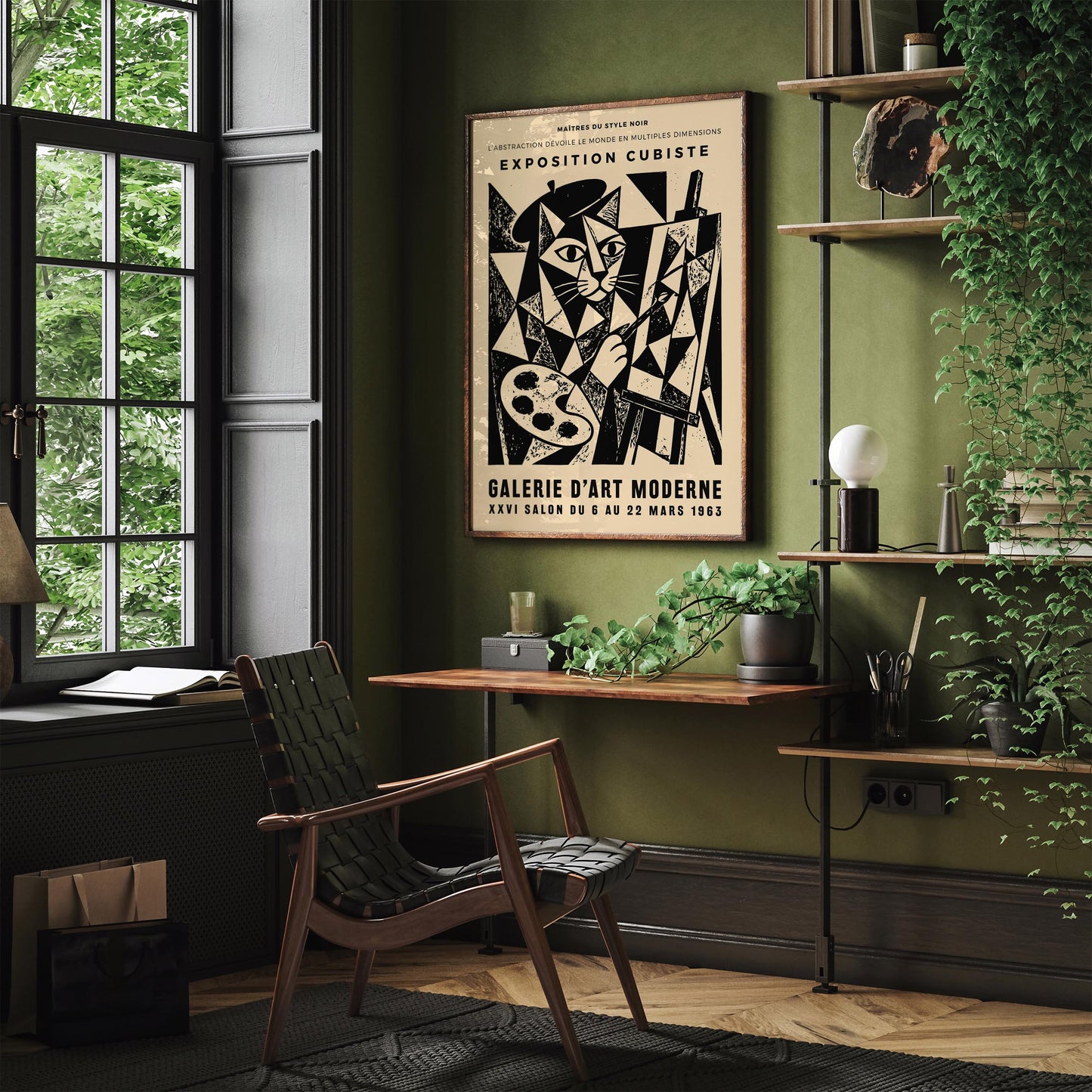 Cat Painter Poster – Vintage Cubism Exhibition Wall Art Print