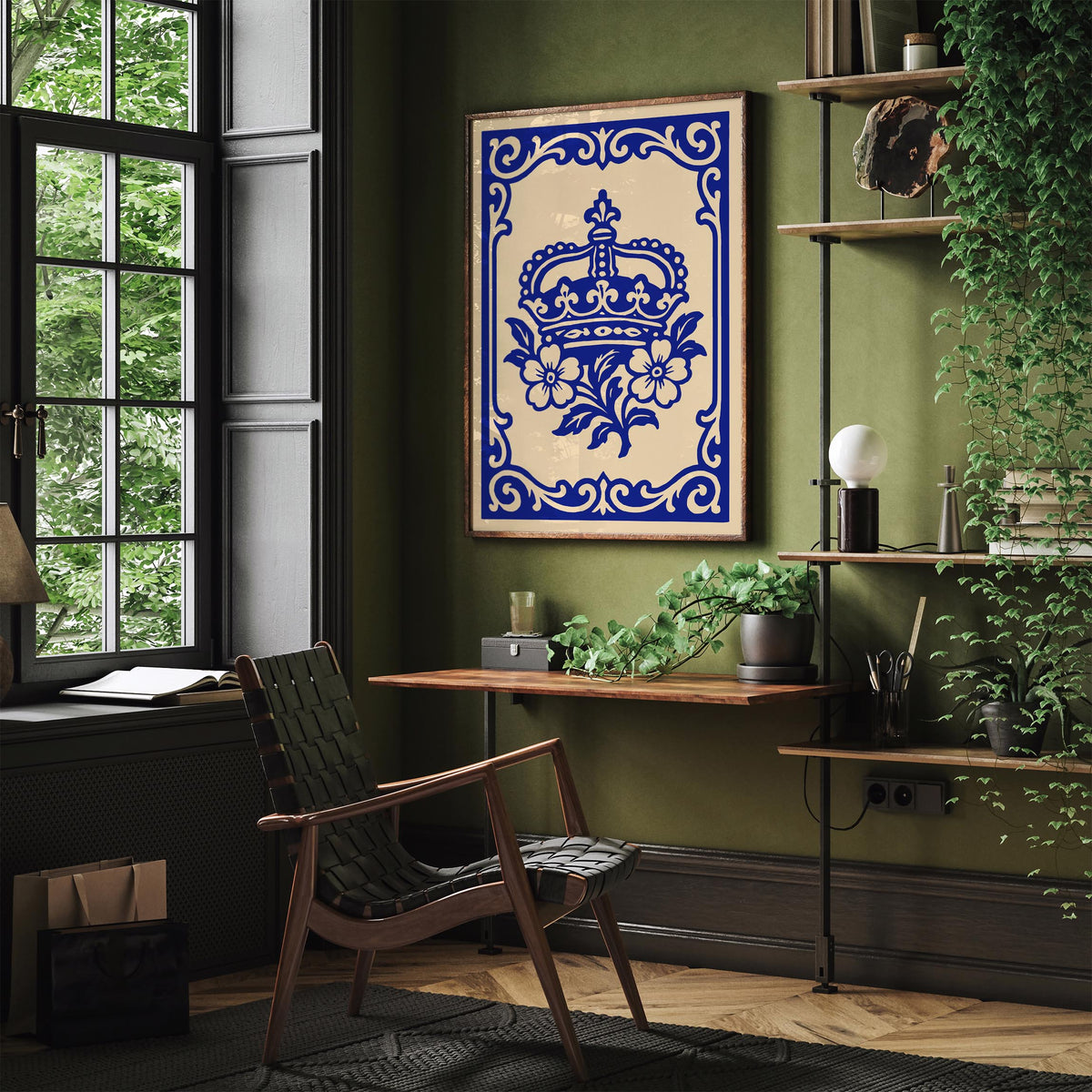 Royal Blue Rococo Floral Crown Art Poster