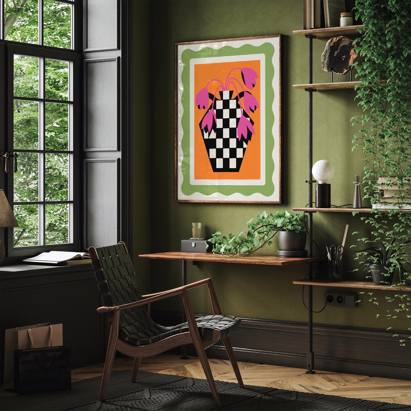 Retro Tulips Poster - Pink Floral Checkerboard Wall Art