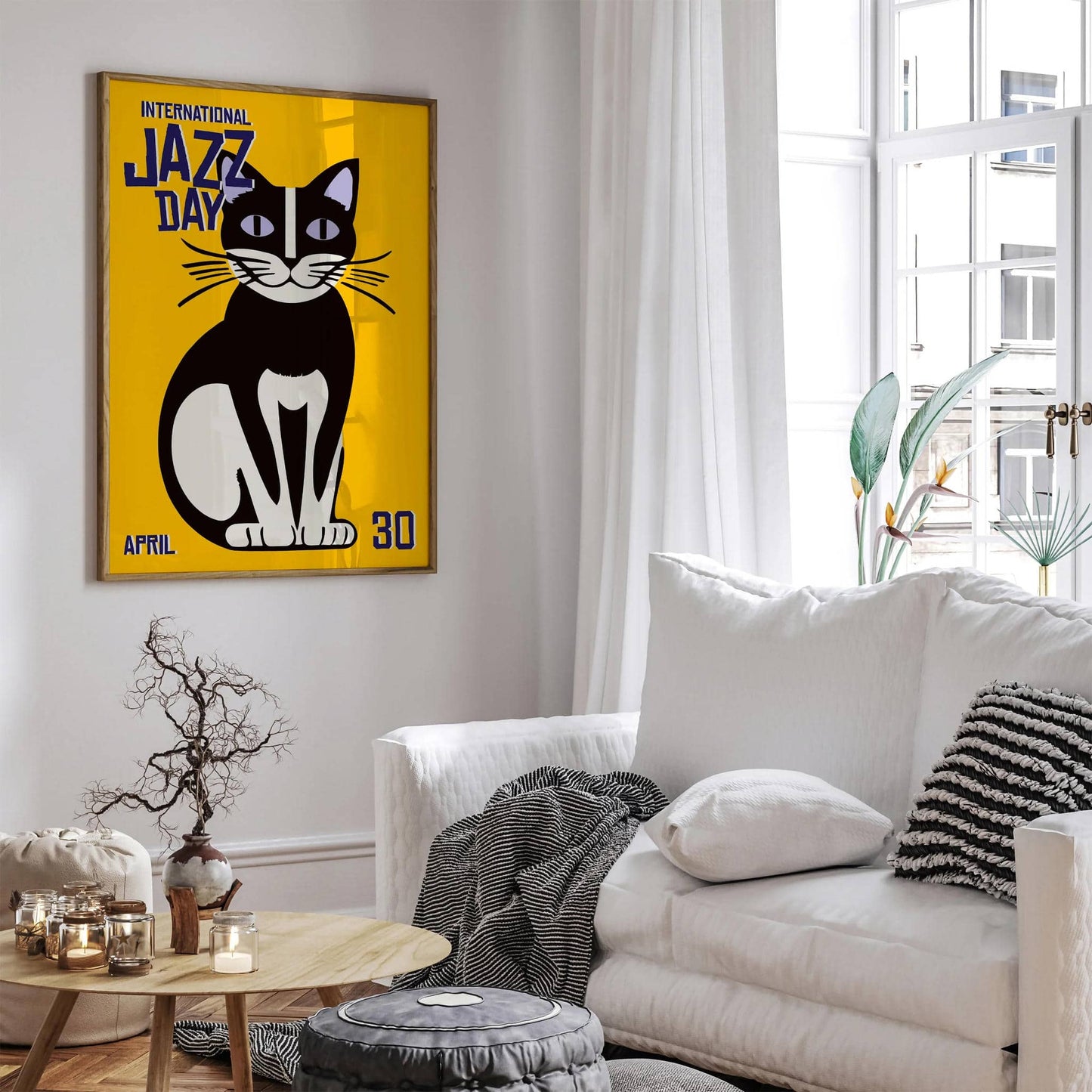Jazz Day Yellow Poster with Funny Cat - HypeSheriff